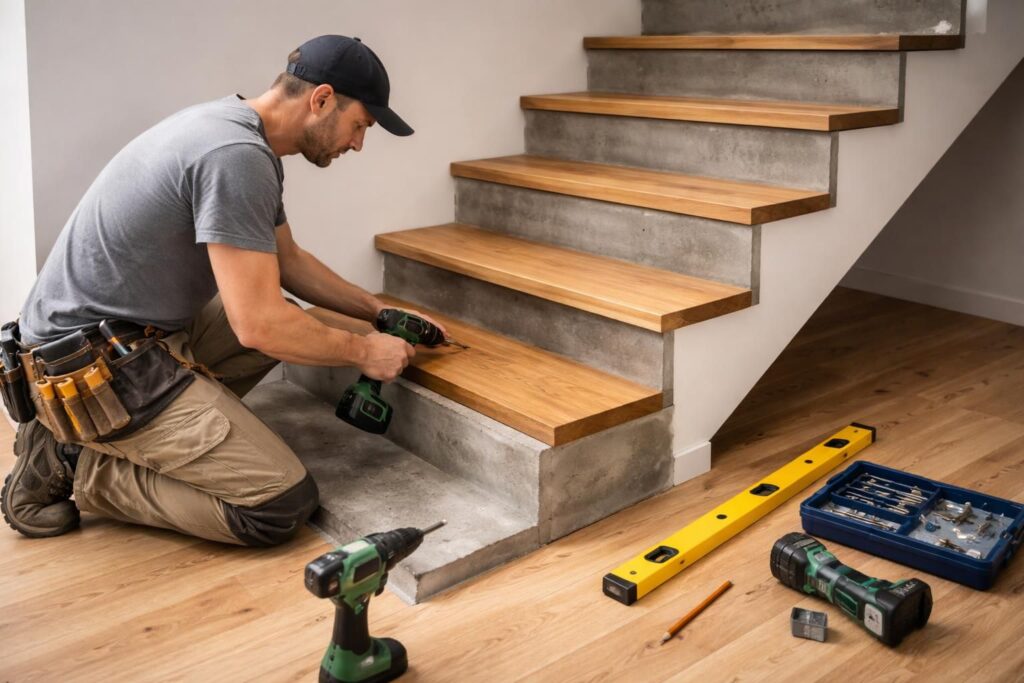 découvrez comment installer facilement des marches en bois sur un escalier en béton grâce à notre guide pratique rempli de conseils pour un habillage réussi et durable.