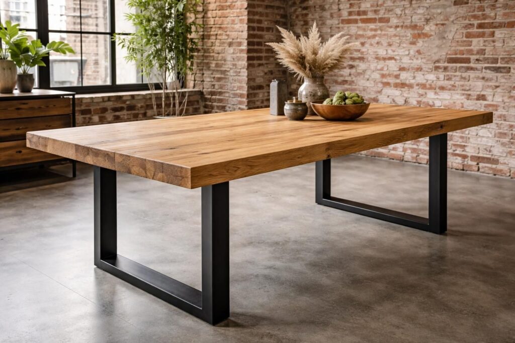 apprenez à fabriquer une table à manger industrielle en chêne massif avec un piétement en fer élégant, alliant robustesse et design contemporain pour un intérieur unique.