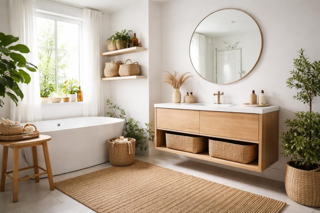 découvrez comment intégrer le jonc de mer dans votre salle de bain avec nos idées déco pour un espace naturel, chaleureux et élégant.