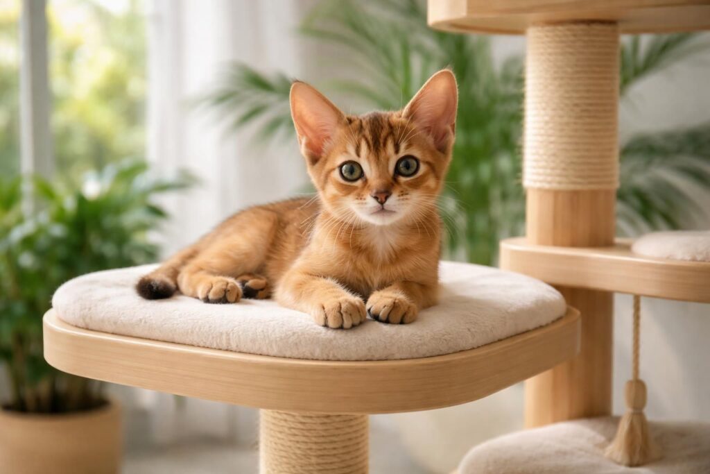découvrez un chaton abyssin confortablement installé dans un arbre à chat, alliant élégance et douceur dans son espace de jeu et de détente.